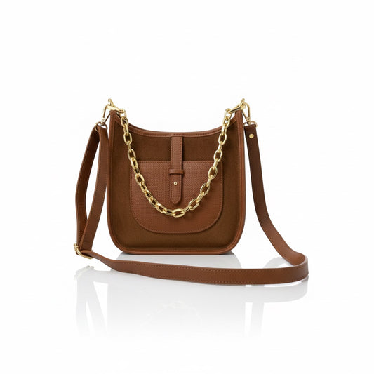 Cognac Crossbody Tasche Leder Wildleder | Goldkette